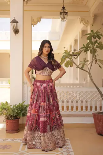 GLAMOROUS WINE RUSSIAN SILK RICH DIGITAL PRINTED WITH FOIL EMBROIDERED WORK LEHENGA CHOLI FOR WEDDING
