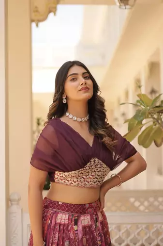 GLAMOROUS WINE RUSSIAN SILK RICH DIGITAL PRINTED WITH FOIL EMBROIDERED WORK LEHENGA CHOLI FOR WEDDING