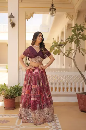 GLAMOROUS WINE RUSSIAN SILK RICH DIGITAL PRINTED WITH FOIL EMBROIDERED WORK LEHENGA CHOLI FOR WEDDING