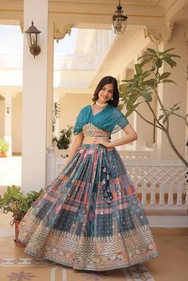 GLAMOROUS BLUE RUSSIAN SILK RICH DIGITAL PRINTED WITH FOIL EMBROIDERED WORK LEHENGA CHOLI FOR WEDDING 1