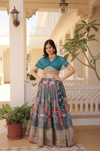 GLAMOROUS BLUE RUSSIAN SILK RICH DIGITAL PRINTED WITH FOIL EMBROIDERED WORK LEHENGA CHOLI FOR WEDDING