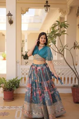 GLAMOROUS BLUE RUSSIAN SILK RICH DIGITAL PRINTED WITH FOIL EMBROIDERED WORK LEHENGA CHOLI FOR WEDDING 3