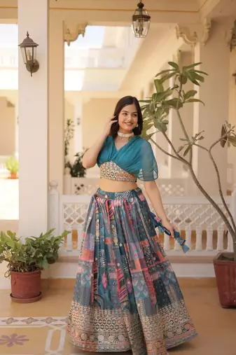 GLAMOROUS BLUE RUSSIAN SILK RICH DIGITAL PRINTED WITH FOIL EMBROIDERED WORK LEHENGA CHOLI FOR WEDDING