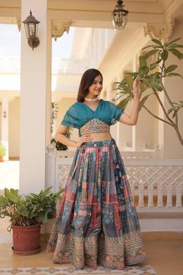 GLAMOROUS BLUE RUSSIAN SILK RICH DIGITAL PRINTED WITH FOIL EMBROIDERED WORK LEHENGA CHOLI FOR WEDDING 4