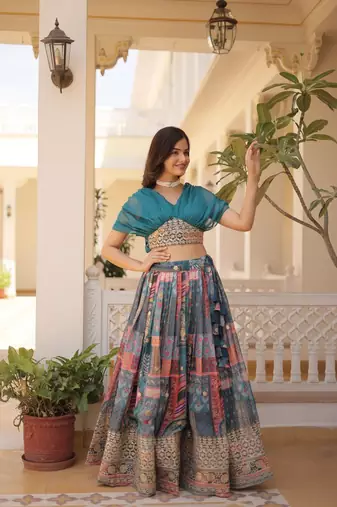 GLAMOROUS BLUE RUSSIAN SILK RICH DIGITAL PRINTED WITH FOIL EMBROIDERED WORK LEHENGA CHOLI FOR WEDDING