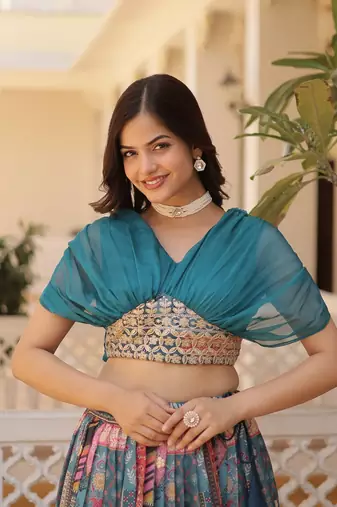 GLAMOROUS BLUE RUSSIAN SILK RICH DIGITAL PRINTED WITH FOIL EMBROIDERED WORK LEHENGA CHOLI FOR WEDDING