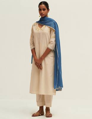 Cream and blue cotton linen embroidered salwar suit 1