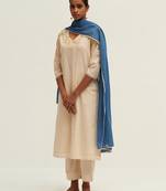 Cream and blue cotton linen embroidered salwar suit