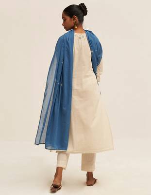 Cream and blue cotton linen embroidered salwar suit 2