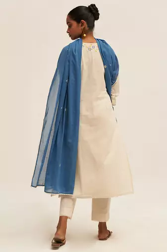 Cream and blue cotton linen embroidered salwar suit