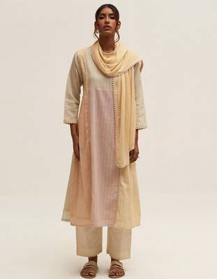 Cream and multi color printed cotton linen salwar suit with stole 1