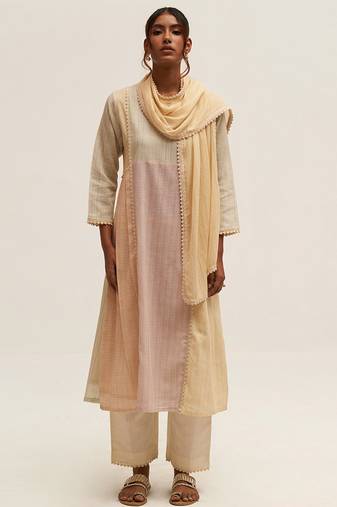 Cream and multi color printed cotton linen salwar suit with stole