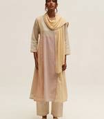 Cream and multi color printed cotton linen salwar suit with stole