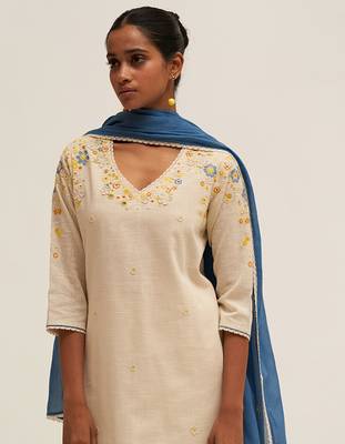 Cream and blue cotton linen embroidered salwar suit 3