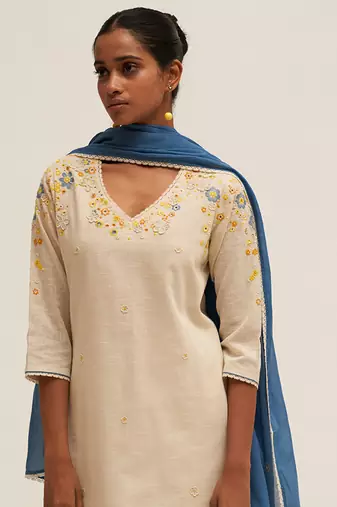 Cream and blue cotton linen embroidered salwar suit