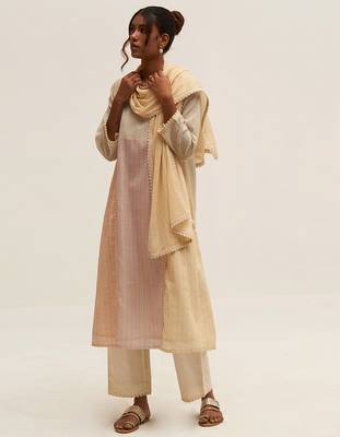 Cream and multi color printed cotton linen salwar suit with stole 2