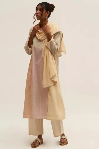 Cream and multi color printed cotton linen salwar suit with stole