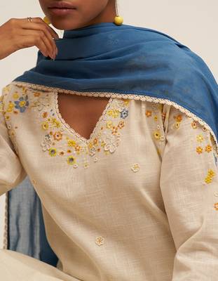 Cream and blue cotton linen embroidered salwar suit 4