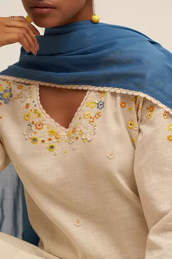 Cream and blue cotton linen embroidered salwar suit
