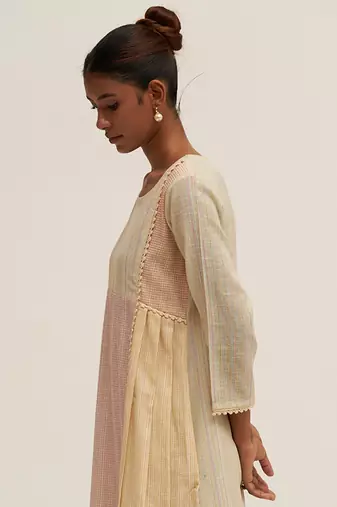 Cream and multi color printed cotton linen salwar suit with stole