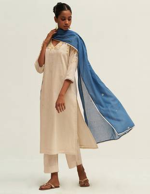 Cream and blue cotton linen embroidered salwar suit 5