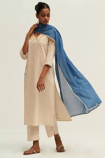 Cream and blue cotton linen embroidered salwar suit