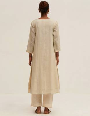 Cream and multi color printed cotton linen salwar suit with stole 4