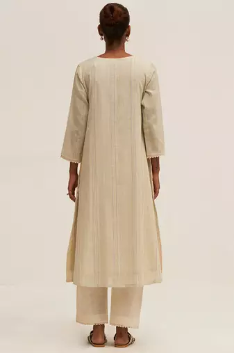 Cream and multi color printed cotton linen salwar suit with stole