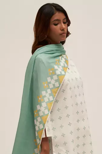 White and aquifer printed cotton salwar suit