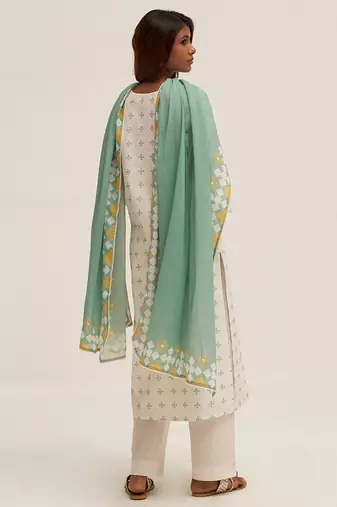 White and aquifer printed cotton salwar suit