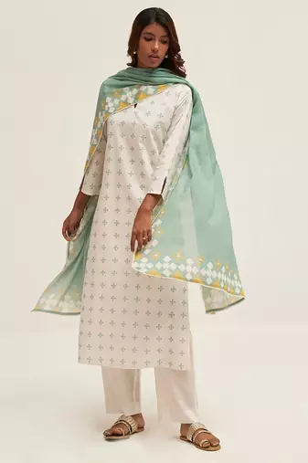 White and aquifer printed cotton salwar suit