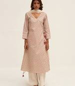 Cream flower printed cotton angrakha suit