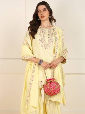 women yellow silk blend embroidered straight kurta trouser with dupatta (jpskd1021ylw) 2
