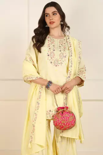 women yellow silk blend embroidered straight kurta trouser with dupatta (jpskd1021ylw)