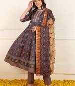 women blue cotton floral printed embroidered anarkali kurta trouser with dupatta (jpskd1026blu)