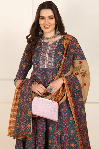 women blue cotton floral printed embroidered anarkali kurta trouser with dupatta (jpskd1026blu)