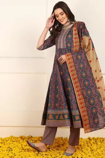 women blue cotton floral printed embroidered anarkali kurta trouser with dupatta (jpskd1026blu)