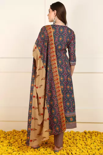 women blue cotton floral printed embroidered anarkali kurta trouser with dupatta (jpskd1026blu)