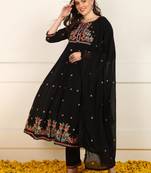 women black cotton embroidered anarkali kurta trouser with dupatta (jpskd1027blk)