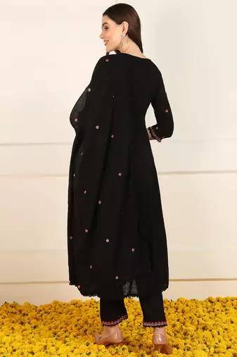 women black cotton embroidered anarkali kurta trouser with dupatta (jpskd1027blk)