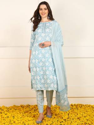 women blue cotton floral printed straight kurta trouser with dupatta (jpskd1034blu) 1