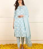 women blue cotton floral printed straight kurta trouser with dupatta (jpskd1034blu)