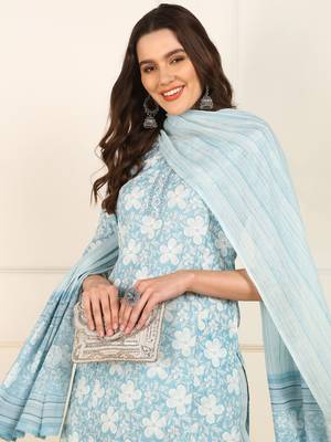 women blue cotton floral printed straight kurta trouser with dupatta (jpskd1034blu) 2
