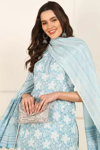 women blue cotton floral printed straight kurta trouser with dupatta (jpskd1034blu)
