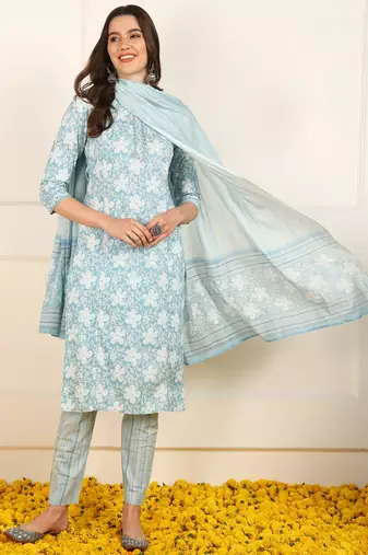 women blue cotton floral printed straight kurta trouser with dupatta (jpskd1034blu)