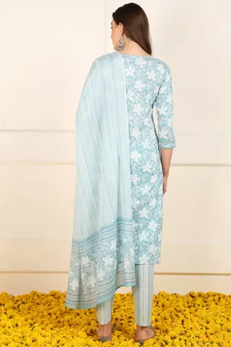 women blue cotton floral printed straight kurta trouser with dupatta (jpskd1034blu)