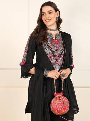 women black cotton embroidered straight kurta trouser with dupatta (jpskd1039blk) 2