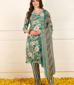 women green cotton floral printed straight kurta trouser with dupatta (jpskd1047grn)