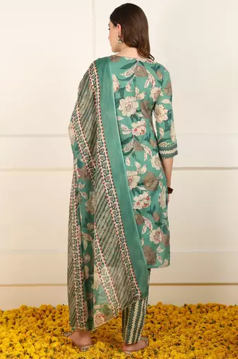 women green cotton floral printed straight kurta trouser with dupatta (jpskd1047grn)