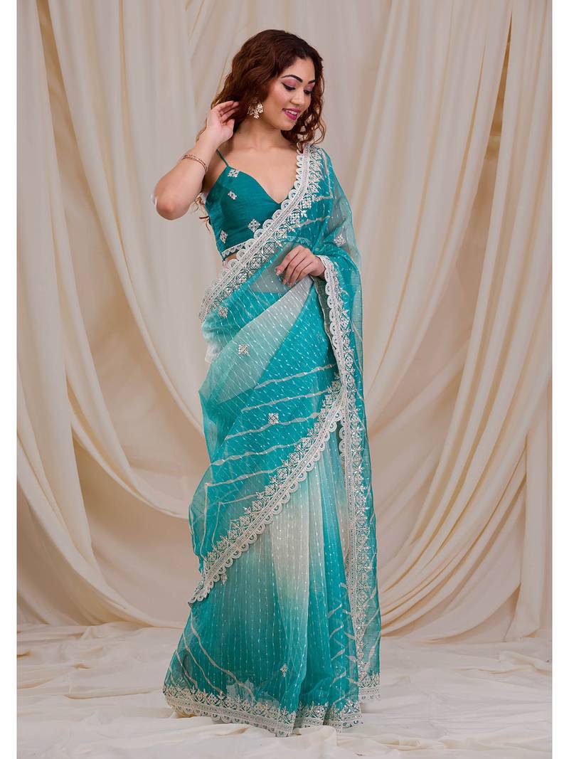 Shimmering Ombre Saree With Sequined Stripes And Embroidery 